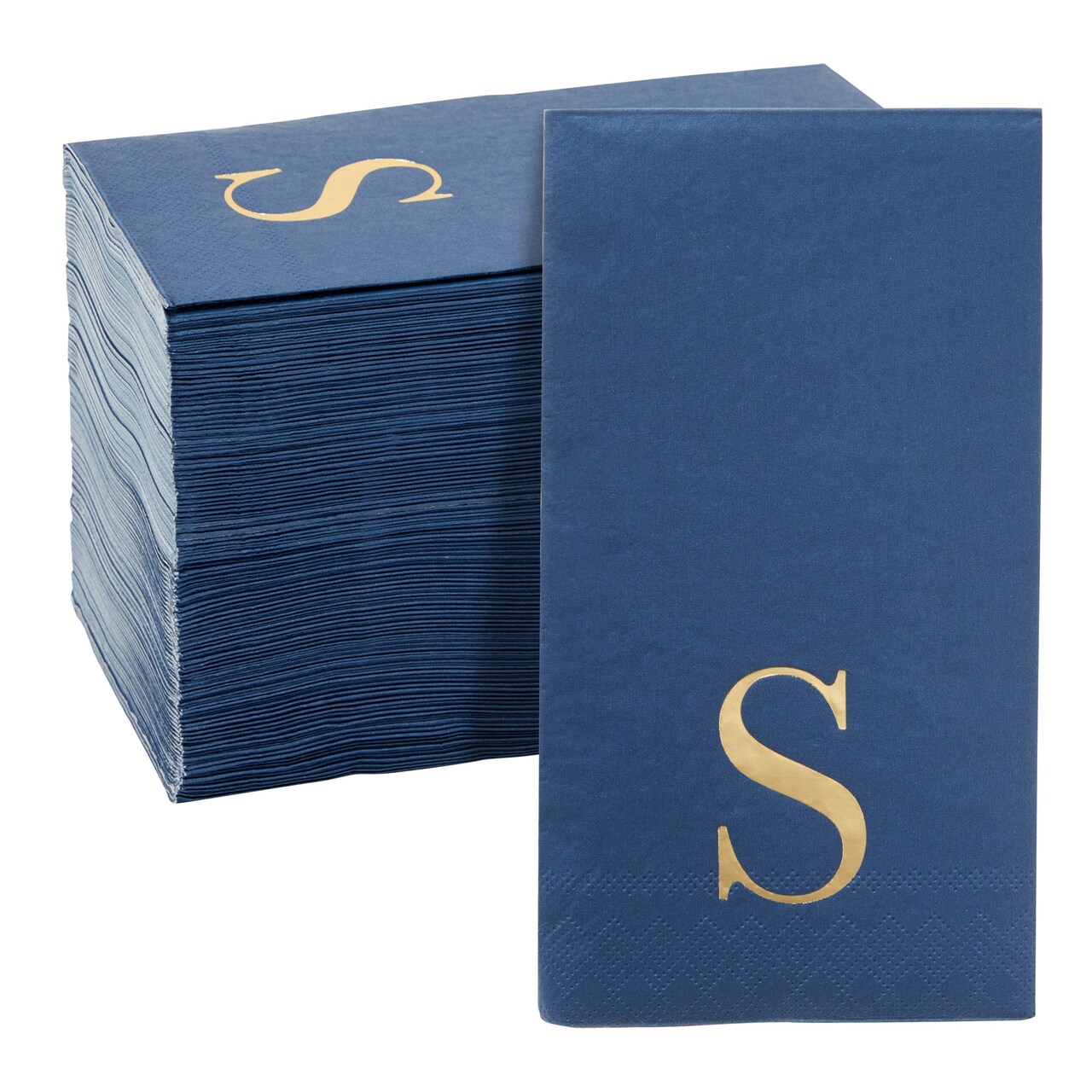 100 Pack Navy Blue Monogrammed Napkins with Letter S, Gold Foil Initial for Wedding Reception, Engagement Party (4x8 Inches)